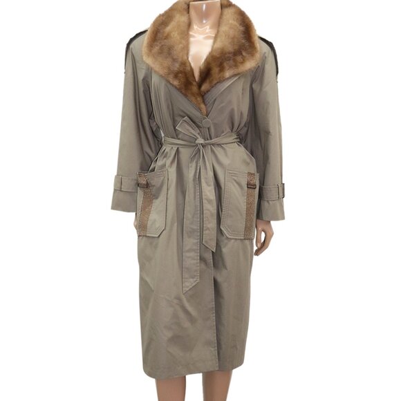 TIMELESS Vintage Classic Belted Trench Coat with Fur Collar M-L - Picture 1 of 8